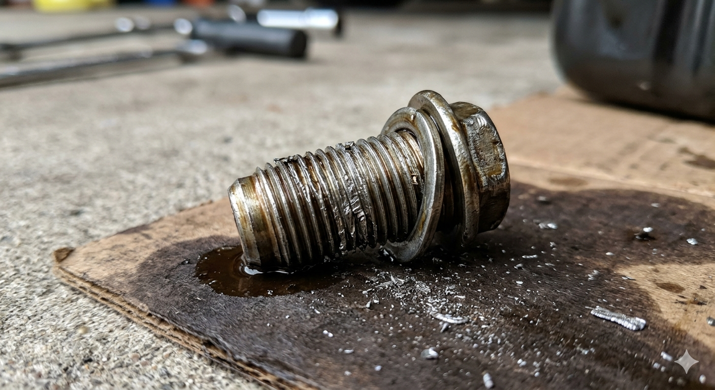 Damaged conventional sump plug with worn threads and oil residue