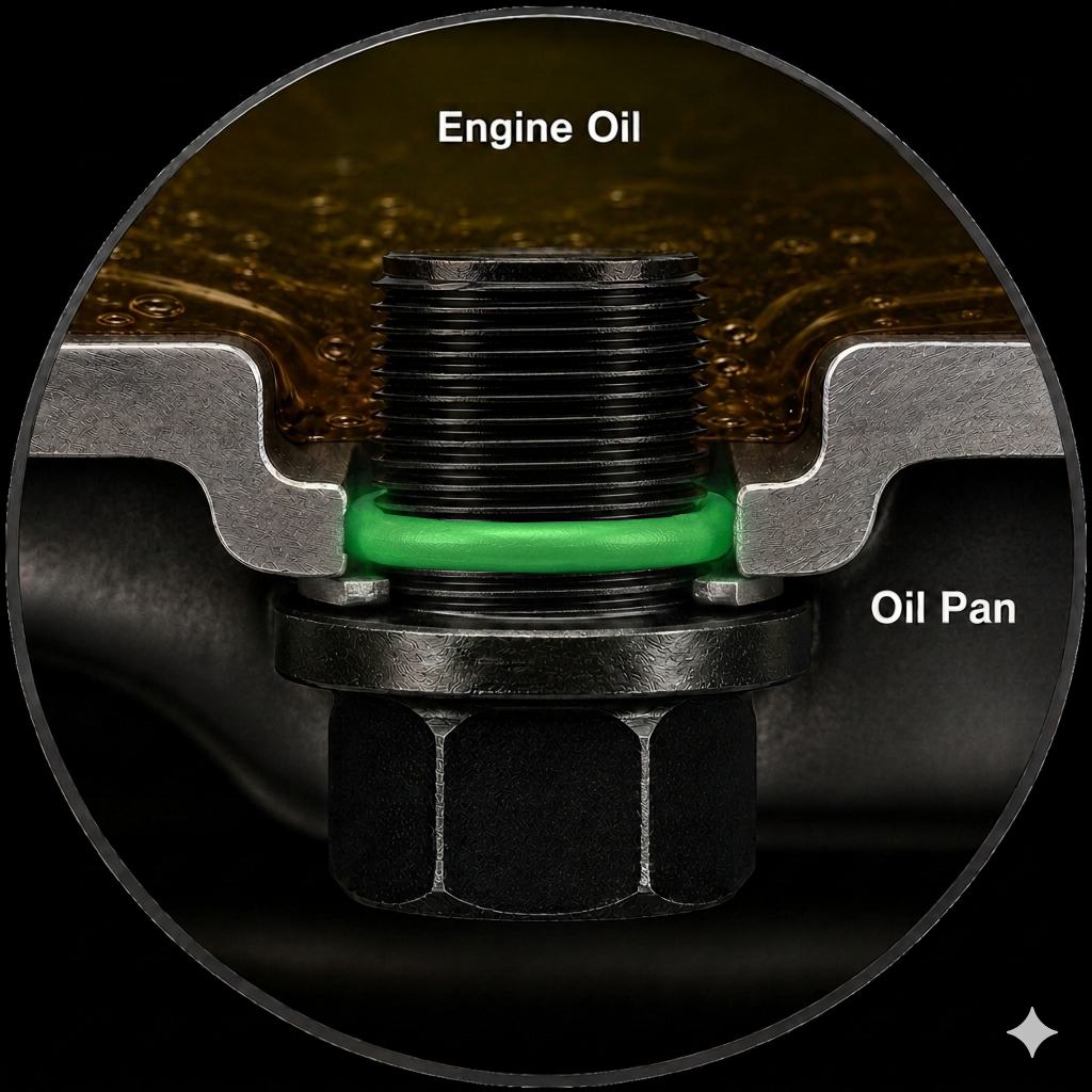 SMART-O® technical cross-section showing oil, pan thread, plug body and green seal