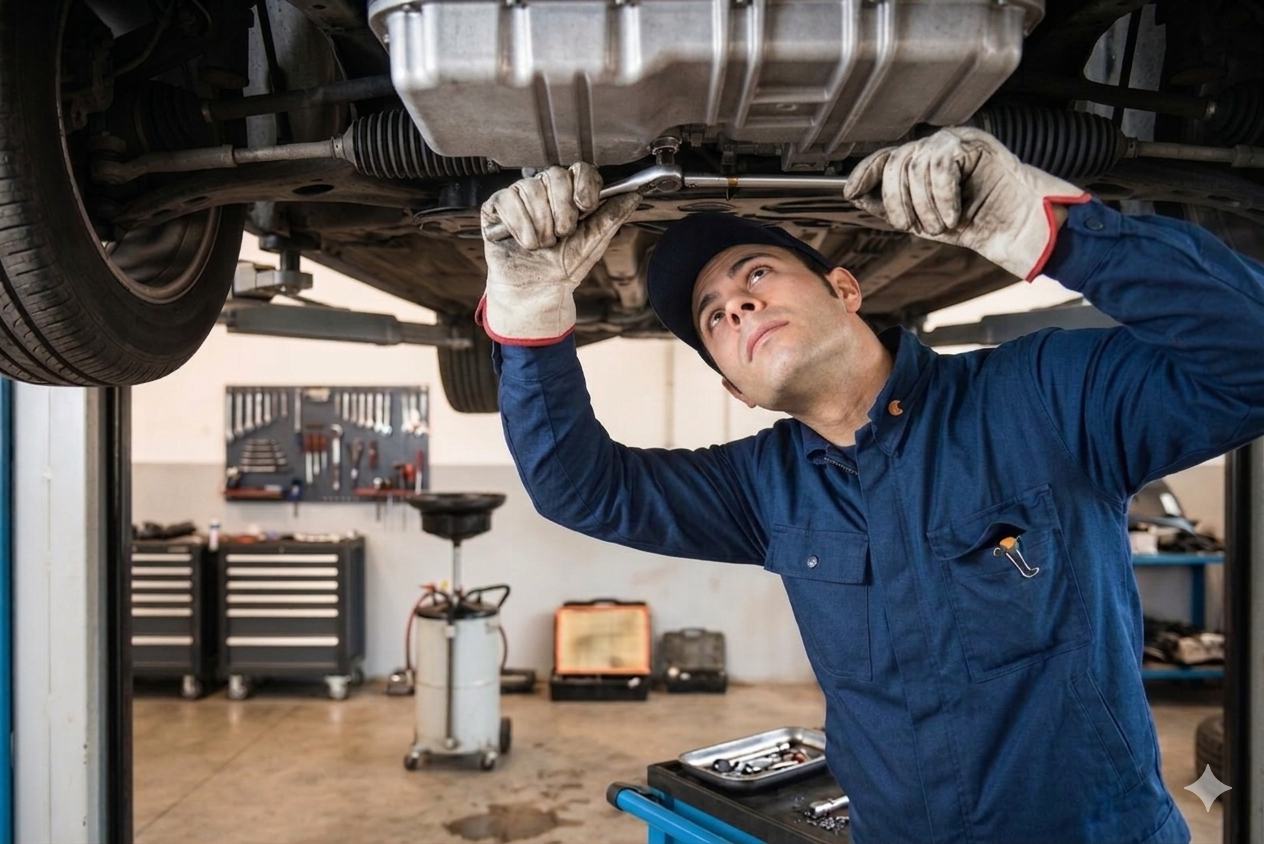 Mechanic fitting a SMART-O® drain plug in a workshop environment