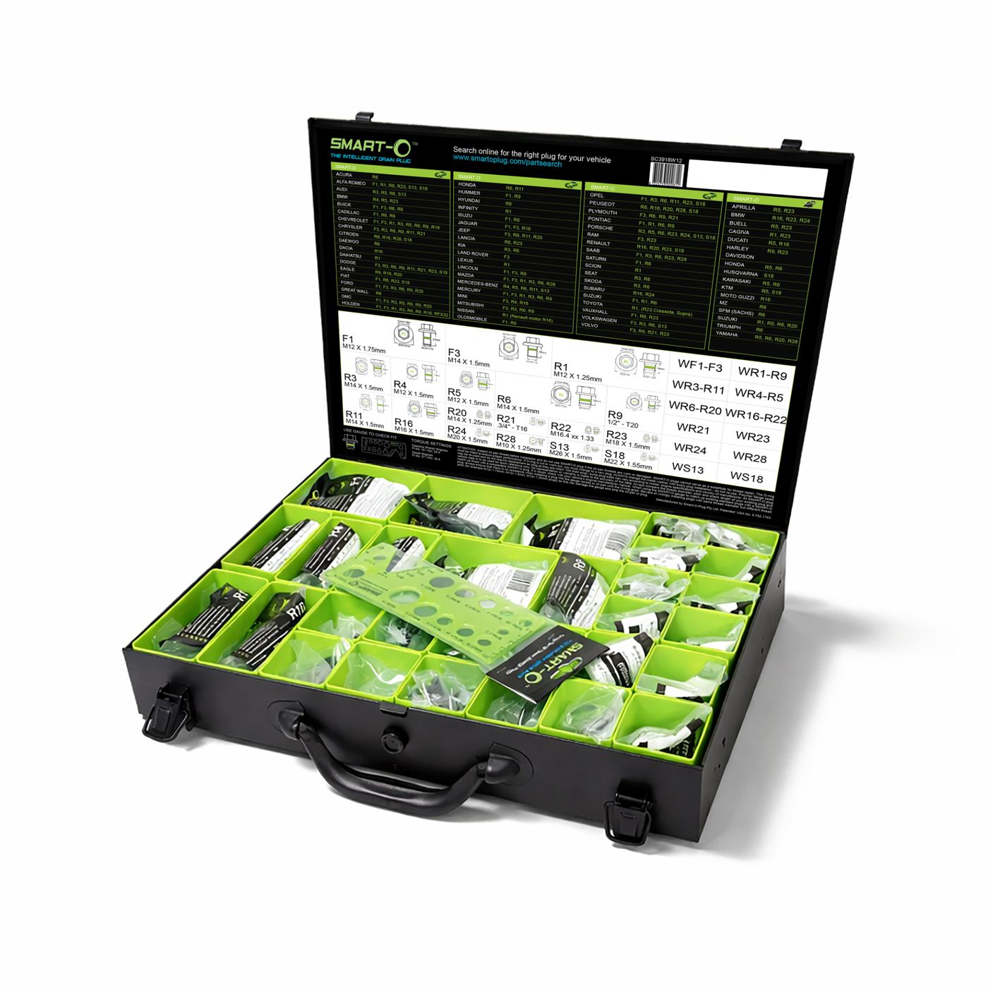 Open SMART-O® workshop case showing partitioned plug layout