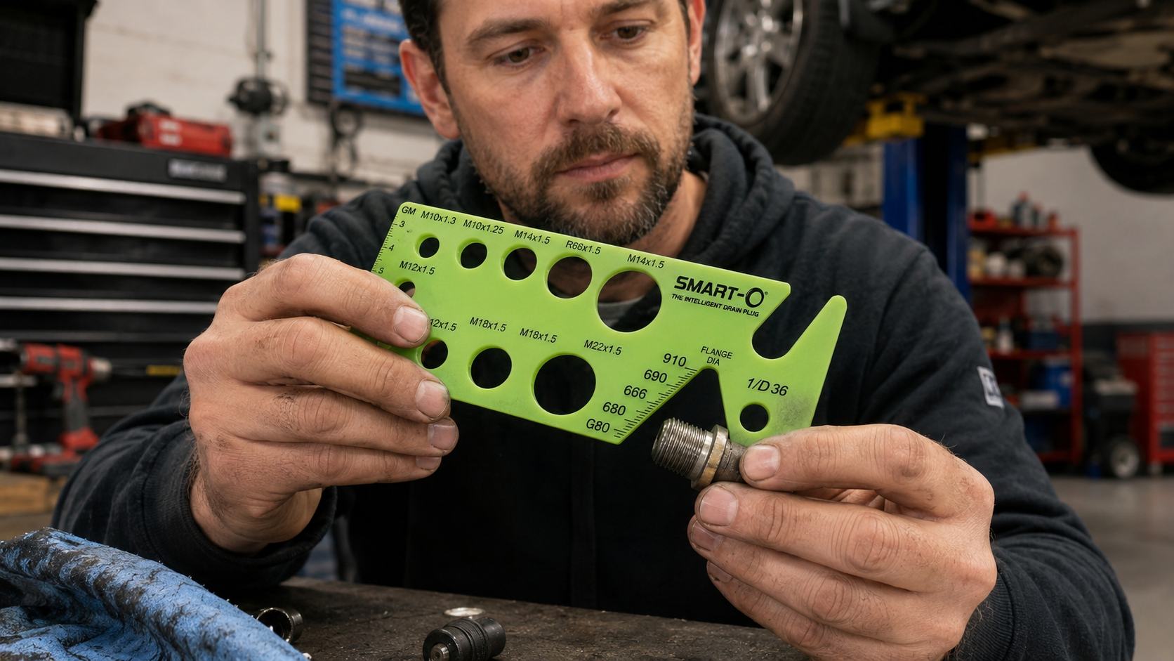 Mechanic using the SMART-O® fitment gauge in a workshop