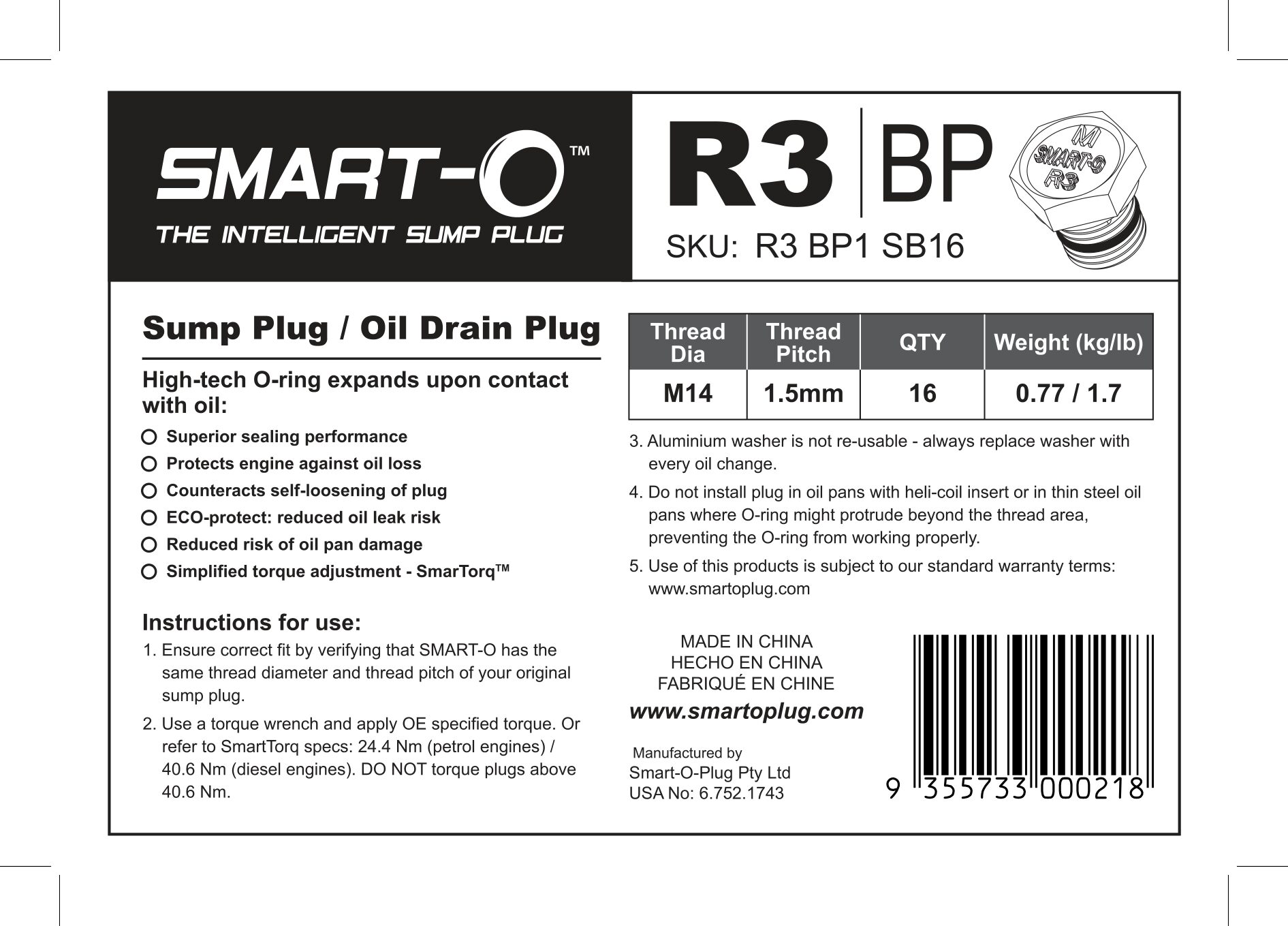 Install Faster SMART-O R3 Oil Drain Plug M14x1.5mm Engine oil Pan Protection Plug with Anti-leak & Anti-vibration function Re-usable and Eco-friendly by SMART-O 